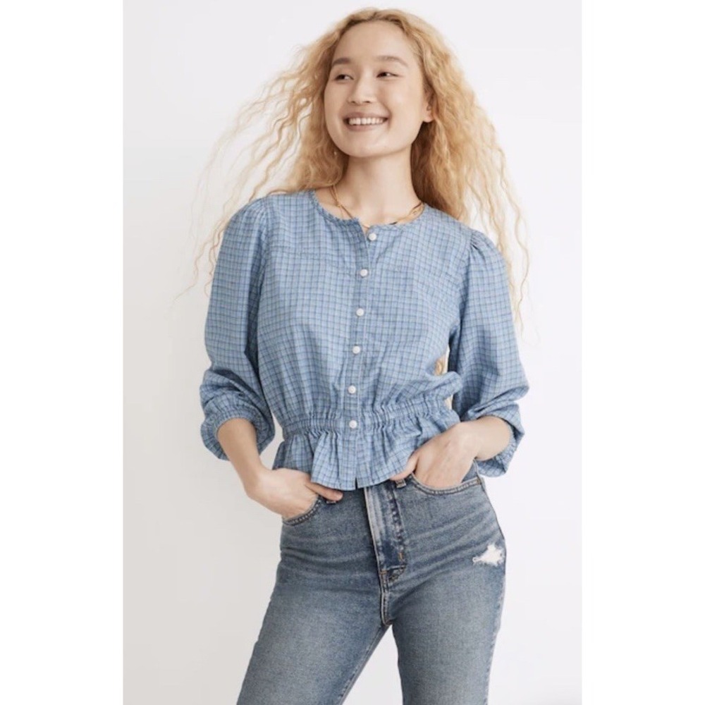 Madewell Chambray Cotton Linen Peplum Long Sleeve Top Blue Button Size Large